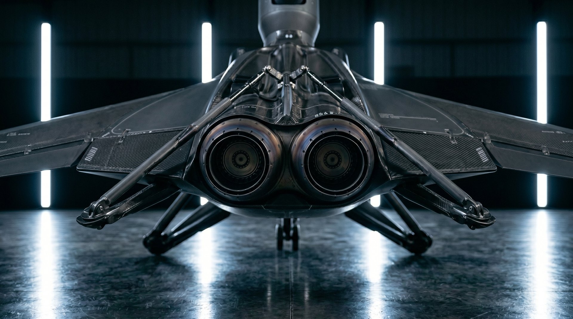 Straight-on rear view of the Varn Gungnir: twin nozzles centred between swept wings, landing gear extended on a polished hangar floor with vertical LED strips behind.