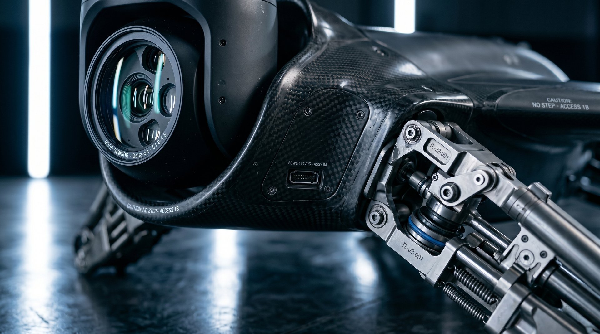 Macro view of the Varn Gungnir sensor head: stacked optical apertures inside a carbon-fibre housing, hydraulic landing leg with stencilled service markings to the right.