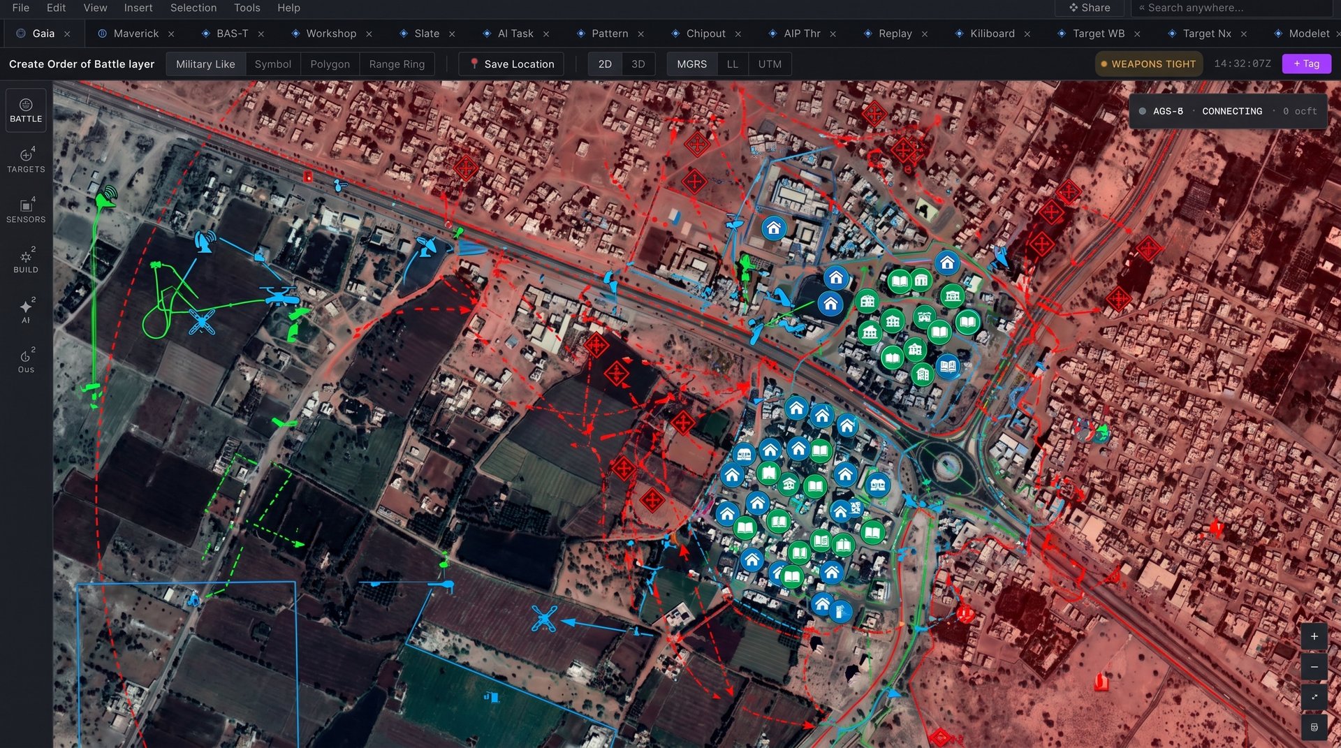 Heimdall battle-layer view: a satellite-imagery map with friendly, hostile, and structural icons overlaid alongside route vectors, controlled from the tab strip and side rail at the top.