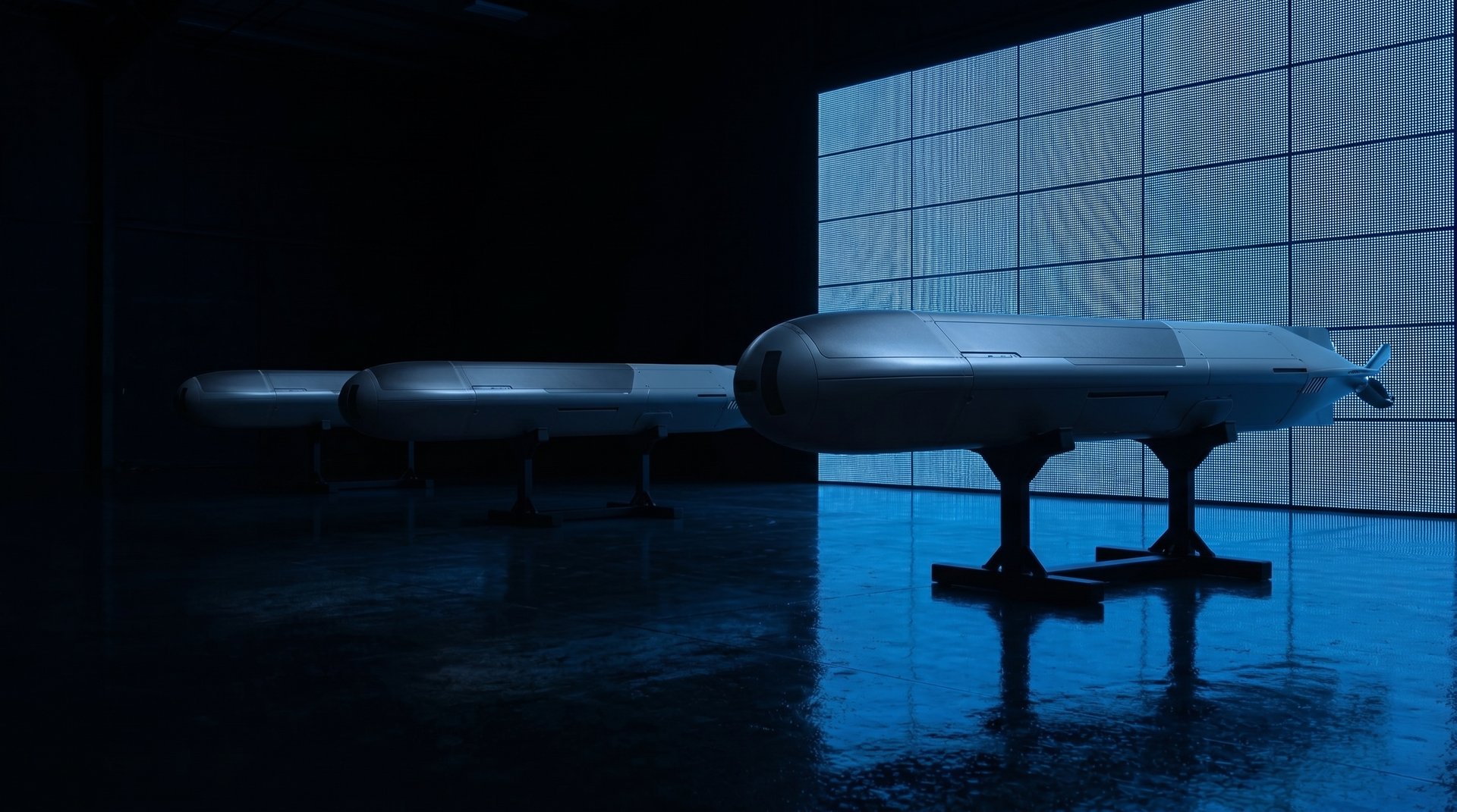Three Varn unmanned undersea vehicles lined up on cradles inside a dim blue-lit hangar in front of a backlit grid wall.