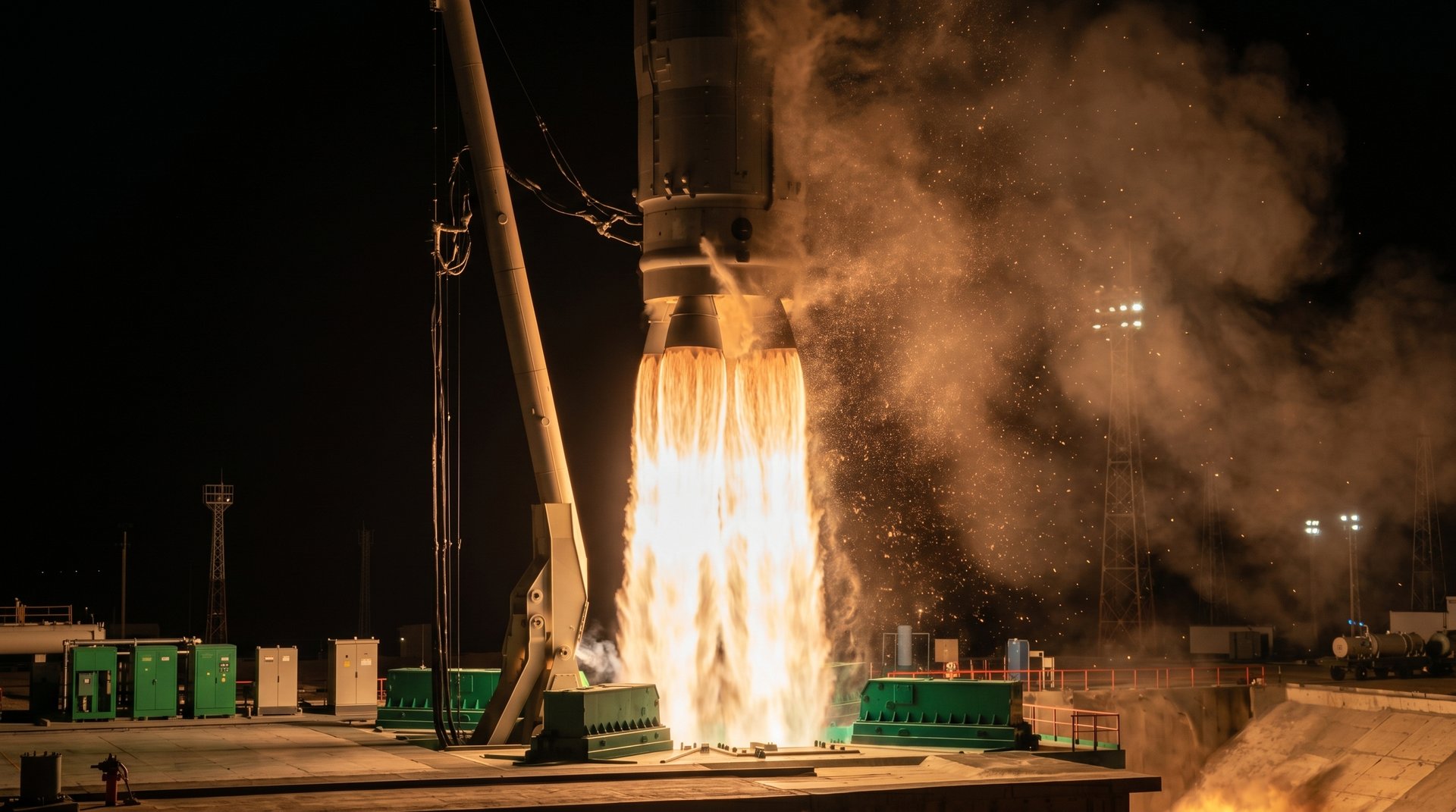 A Varn launch vehicle main engine firing on the pad at night, exhaust plume lighting the surrounding launch infrastructure.